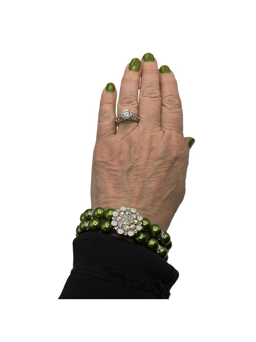 Green Pearls Snap Jewelry Bracelet  & Iridescent 18mm Sparkling Snap! NWT New